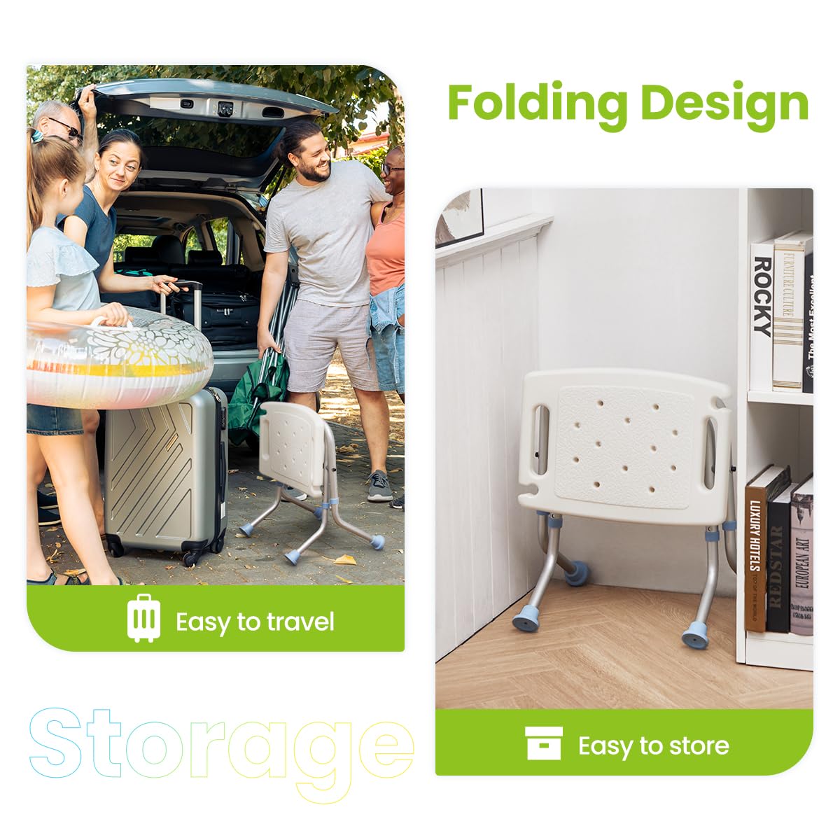 OasisSpace Folding Shower Chair for Inside Shower, 300lbs Portable Bathroom Seat Height Adjustable for Travel, Tool Free Collapsible Bath Stool Bench for Elderly, Senior, Handicap & Disabled