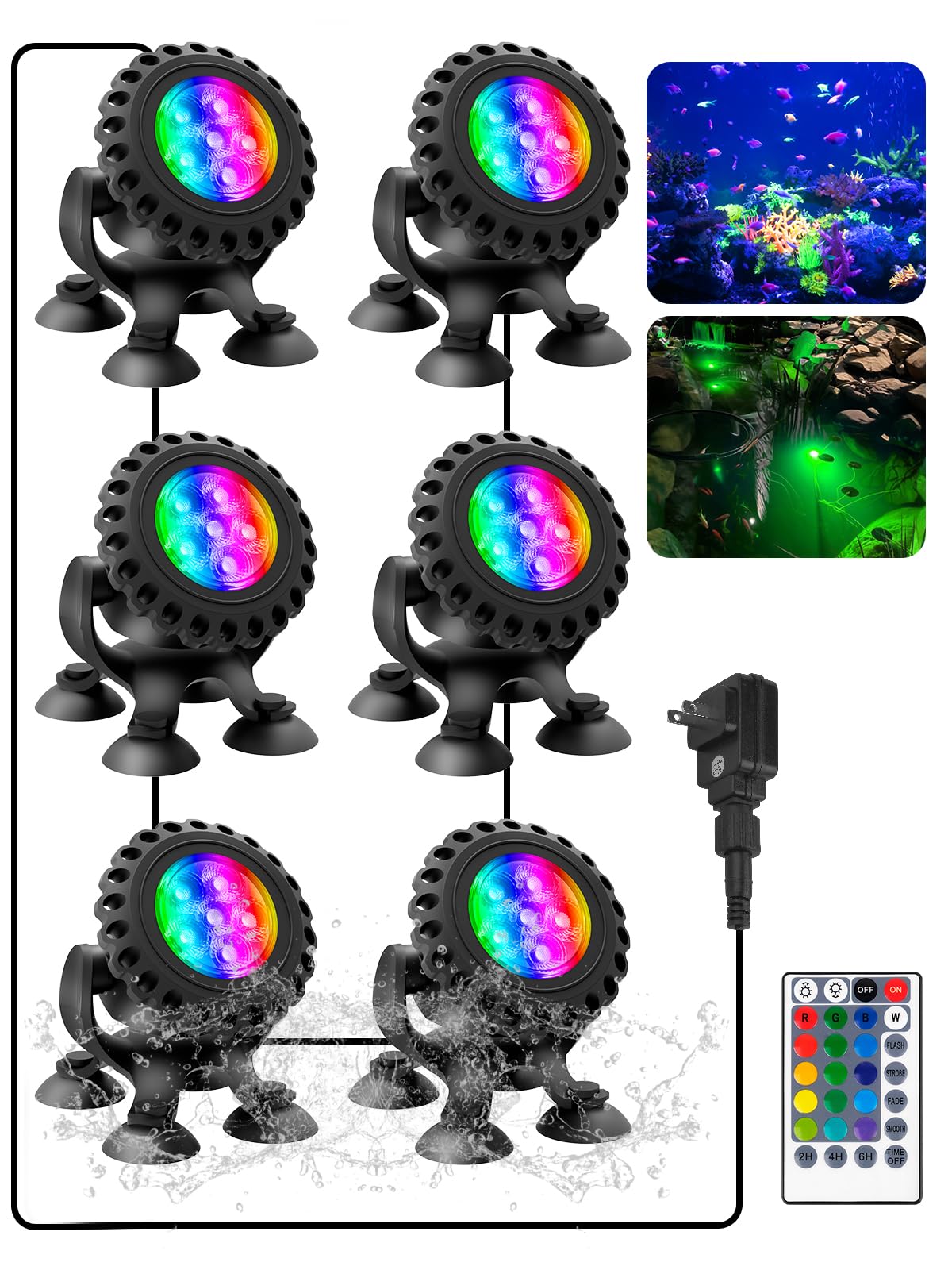 Photo 1 of T-SUN Color Pond Lights with Timer, Bright LED Underwater Pond Light Submersible Fountain Lights for Fish Tank Remote Control IP68 Waterproof Landscape Spotlights for Garden Koi Pond Aquarium(6-Head)