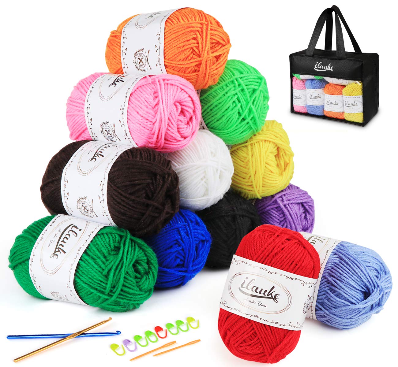 ilauke Crochet Yarn Knitting Wool, 12 x 50g Balls of DK Yarn for Hand Knitting, Colored Acrylic Yarn Set for Beginners Adults, Includes 12 Crochet Accessories