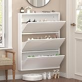 GREATMEET Slim Wall Mounted Metal Storage Cabinet with 3 Flip Drawers | Modern Narrow Shoe Storage Cabinet, Hidden Shoe Rack for Entryway Hallway, White, 6"D x 32"W x 43"H
