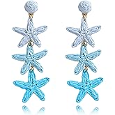 Bohemian Raffia Starfish Rattan Dangle Drop Earrings for Women Handmade Boho Straw Wrapped Statement Earrings Summer Tropical Beach Holiday Jewelry-B blue