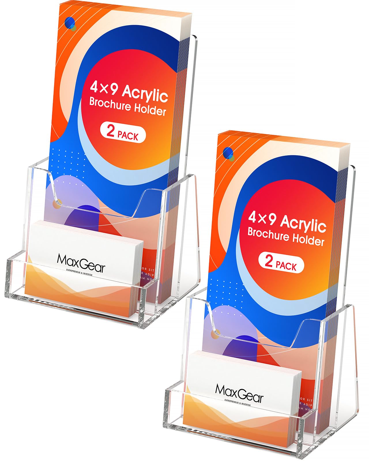 Photo 1 of MaxGear 4x9 inch Brochure Holder, 2 Pack Acrylic Display Stand with Business Card Slot, Countertop Literature, Flyer, Trifold, Pamphlet, Booklet Menu Organizer