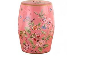 HYFANIYH Ceramic Drum Garden Stool, Flower&Butterfly, Classic, Cottage, French Country,Bathroom, Garden Room, Patio (Pink,Flower&Butterfly)