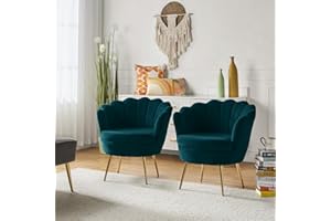 HULALA HOME Modern Velvet Accent Chairs Set of 2 with Shell Shaped Back, Cute Living Room Bedroom Armchairs with Gold Legs, Comfy Upholstered Vanity Chairs for Makeup Room, Teal