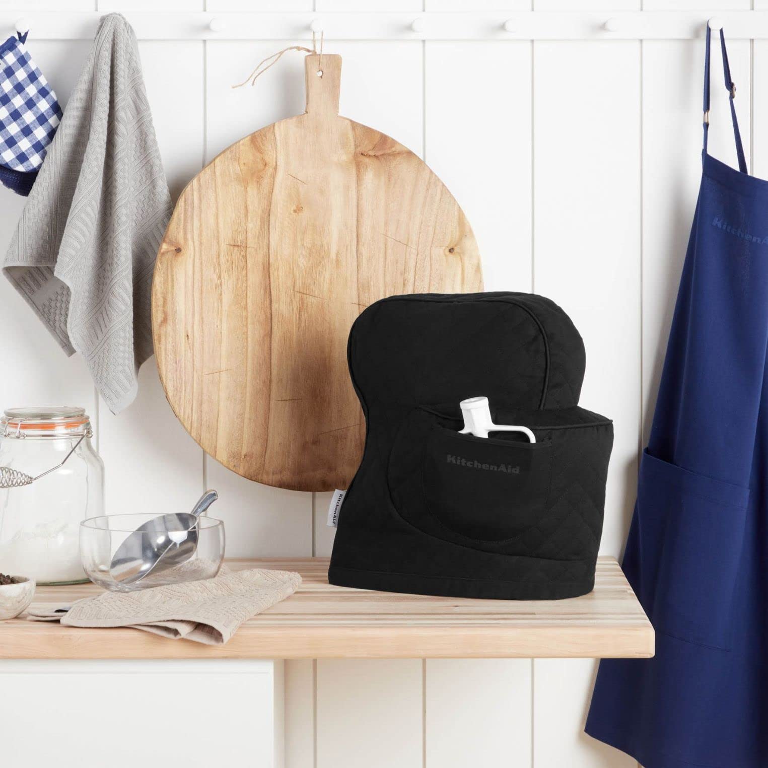 KitchenAid Fitted Tilt-Head Solid Stand Mixer Cover with Storage Pocket, Quilted 100% Cotton, Matte Black, 14.4