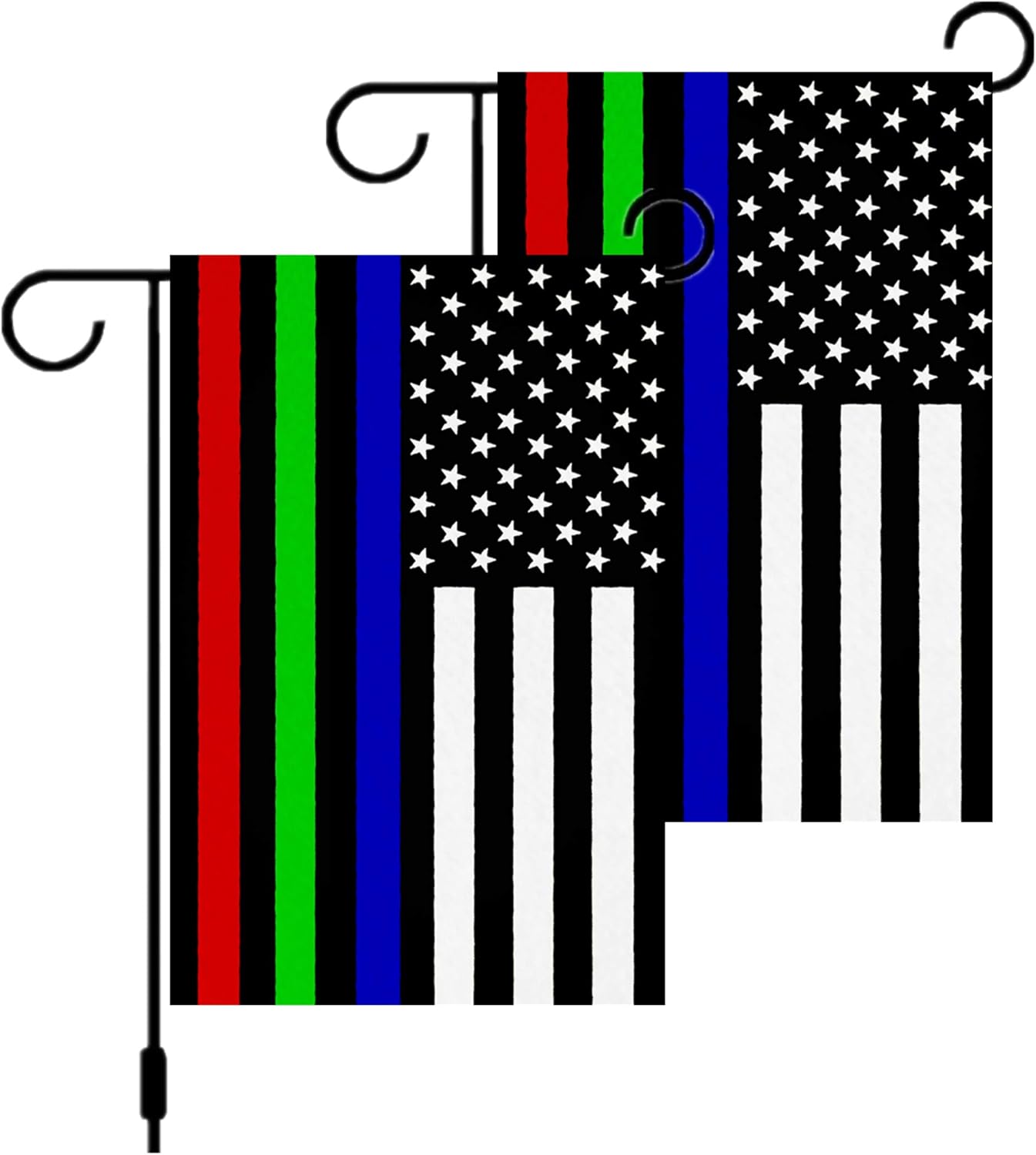 2 Pack Double Sided Thin Blue Green and Red Line USA Flags Garden Flags,Patriotic American Honoring Police Military and Fire Officers Flags 12