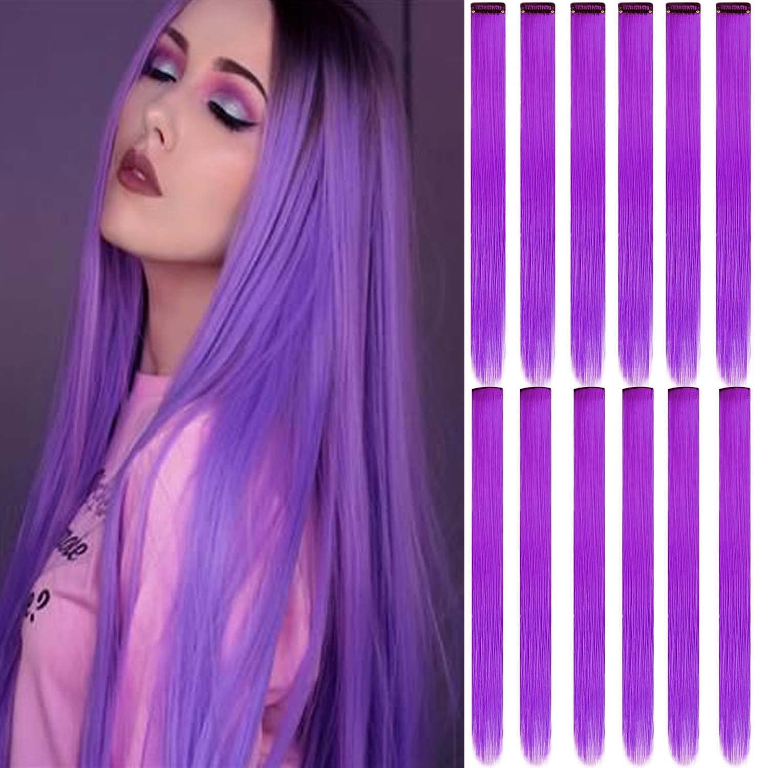 Photo 1 of 12 Colored Clip in Hair Extensions - 21 inch Synthetic Straight Hair for Kids, Girls & Women