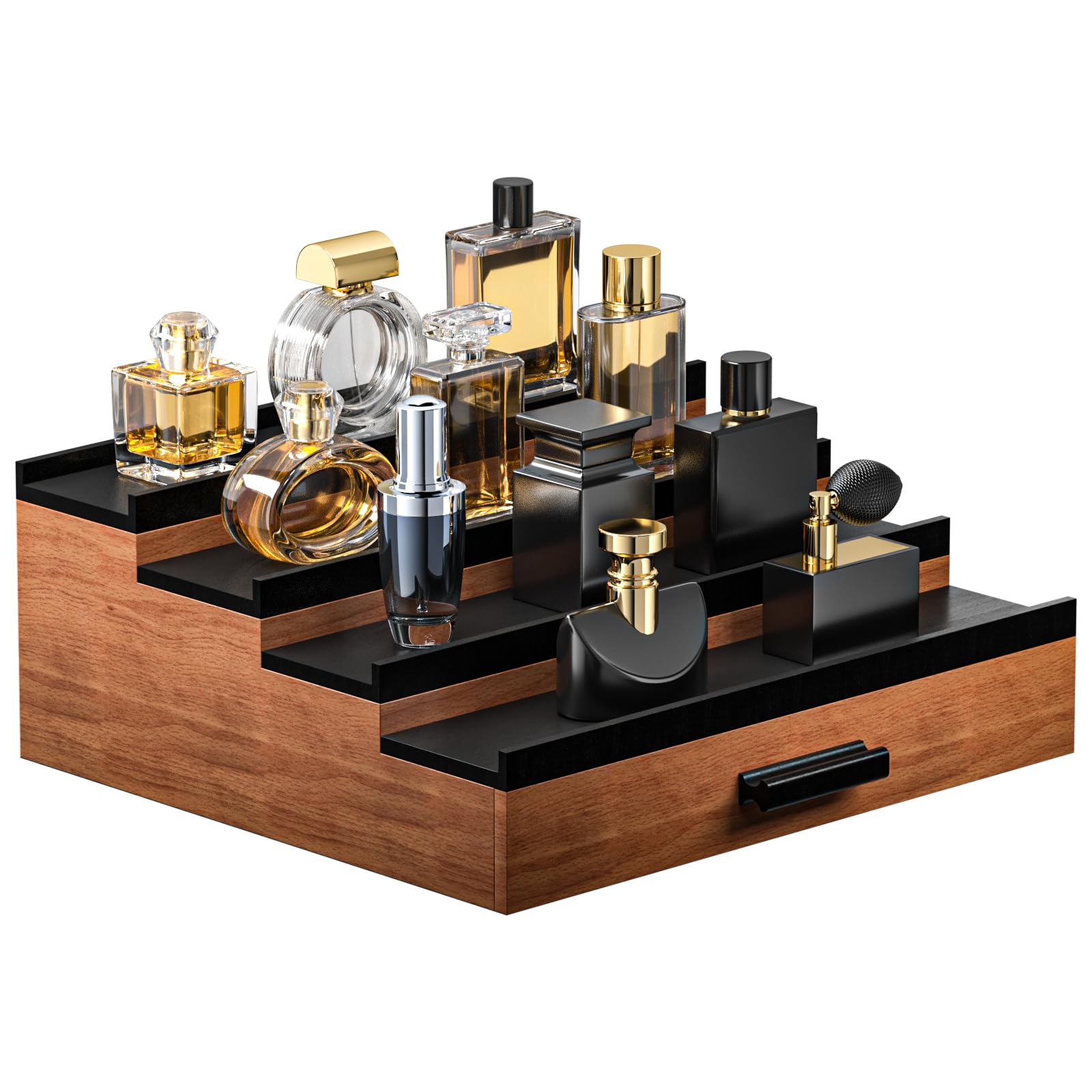 Photo 1 of Sephyroth Cologne Organizer for Men – 4 Tier Perfume Display with Hidden Storage & Drawer, Elegant Perfume Storage Box, Durable Craftsmanship, Great Gift for Man (WalnutBlack)