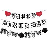 Gothic Birthday Party Decorations Banner Skull Black Bow Birthday Banner Decorations Hanging Swirls for Death wo My Twenties Rip to My 20s Emo Spooky Halloween Goth Birth day Party Supplies