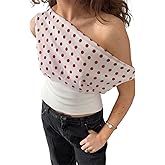 VFURYGD Women's Y2K Polka Dot Top Off Shoulder Asymmetrical Boat Neck Sleeveless Crop Tank Top Shirts