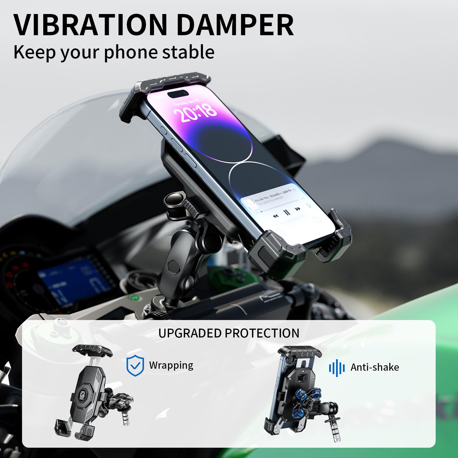 Kewig Motorcycle Fork Stem Phone Mount Holer with Vibration Dampener, [No Scratches Camera] Anti-Theft Motorcycle Cell Phone Holder, Fits for Fork Stem Tubes 12-25.4mm in Diameter, for 5.5-7.2