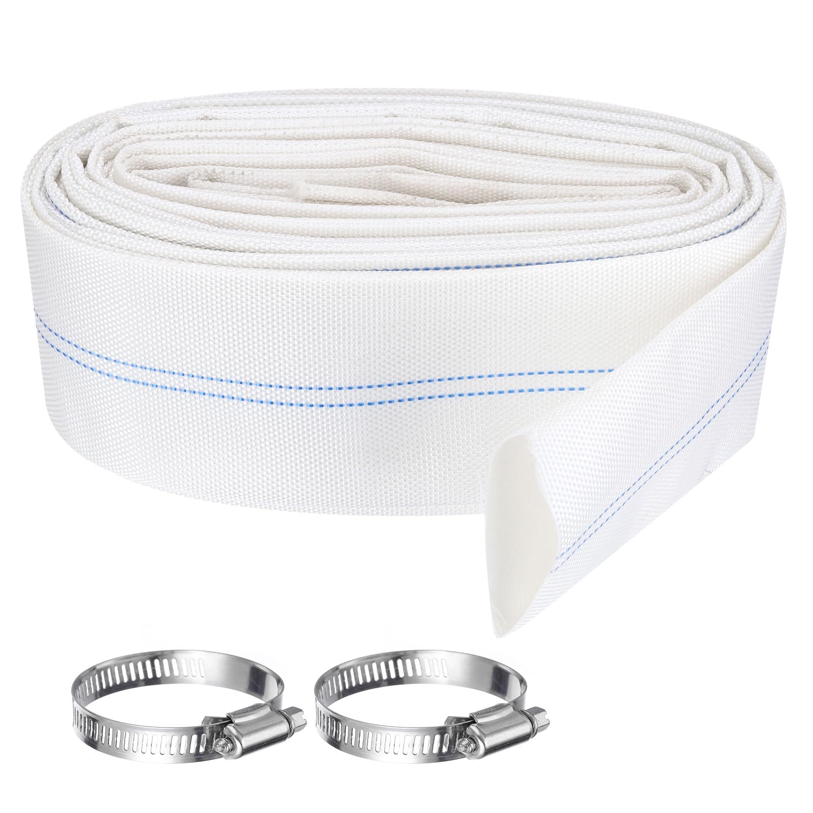 Rebower Pool Backwash Hose, 2 Inch x 30ft Reinforced Drain Hose PVC Lay Flat Water Discharge Pump Hoses for Pool Filter Swimming Pump, with 2pcs Clamps, White