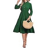 RuoRayVan Women's 2026 Spring Dresses Long Sleeve Elegant Crew Neck A-Line Elastic Wasit Lightweight Formal Casual Midi Dress