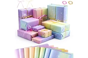 Guiqulai 8 Sheets Gift Wrapping Paper with 2 Ribbons, Fantasy Gradient Gift Wrap for Birthday, Wedding & Baby Shower (70x50cm