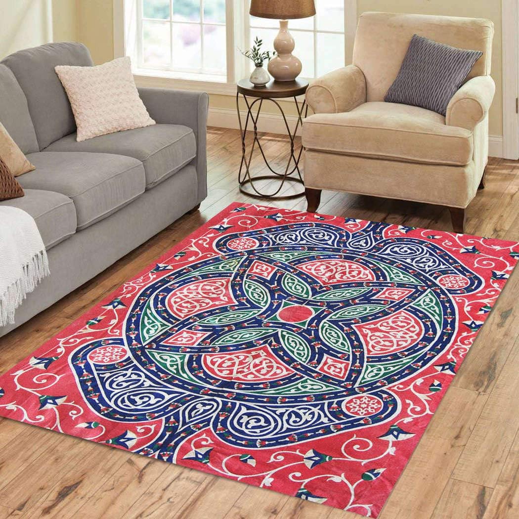 Houlor Egypt Area Rug Textil Ornament Tent Cairo Textile Red Blue Bunter Colorful Soft Non-Slip Carpet Flannelette Fabric Surface for Living Room Kids Room Home Decor Floor Rugs 3' X 5'