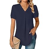 LYANER Women's Summer Dressy Chiffon Blouses V Neck Short Sleeve Tunic Tops for Leggings Casual T-Shirts Navy Blue Large