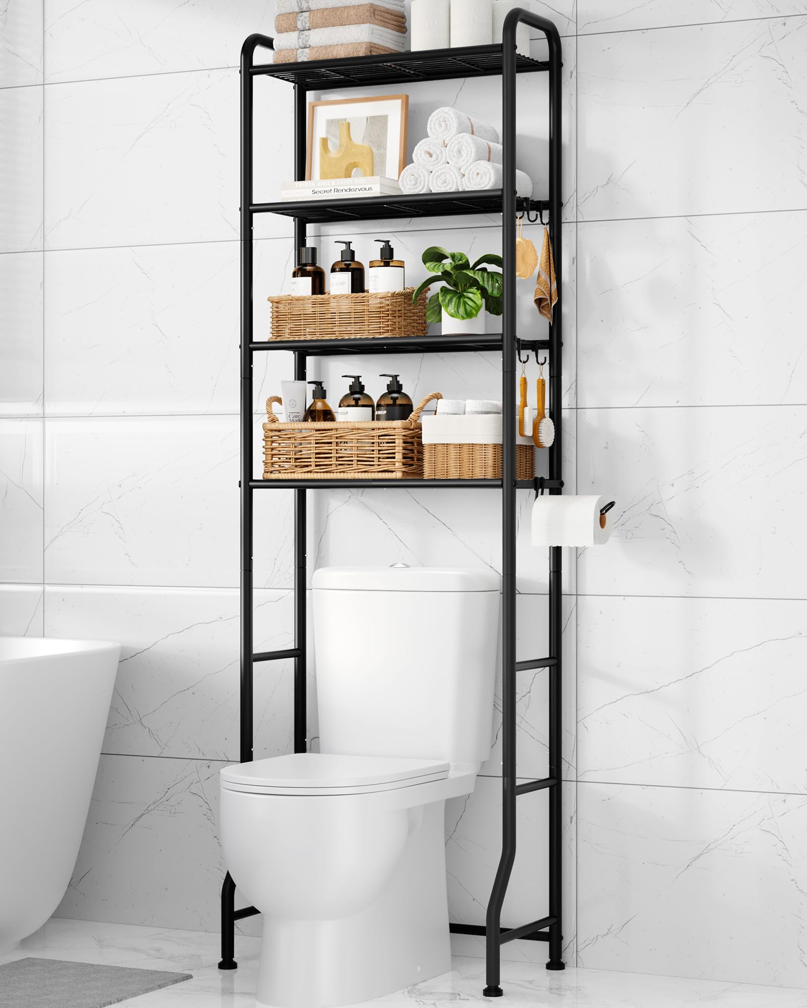 Photo 1 of Kitsure Over Toilet Storage Rack - Metal Over Toilet Bathroom Organizer Shelf, Over The Toilet Storage Cabinet with Paper Holder and Hooks, Bathroom Cabinet for Laundry, Black, 4 Tiers (74.2" H)