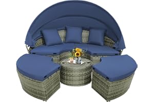 Tangkula Outdoor Round Daybed with Retractable Canopy, PE Wicker Sectional Seating Furniture with Cushions and Throw Pillows, Separates Cushioned Seats for Backyard, Poolside (Navy)