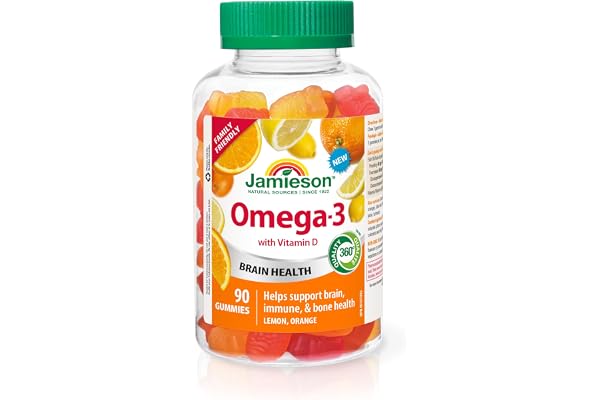 Jamieson Omega-3 Gummy with Vitamin D3, 90 Gummies, Orange and Lemon Flavours, Family Friendly (3+). Supports Brain Health an
