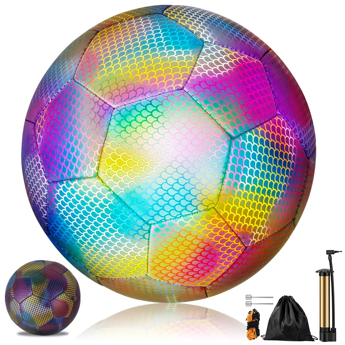 Sutowe Reflective Football Glowing Reflective Soccer Luminous Soccer Ball Glow in the Dark Official Size 5, Holographic Light Up Bright Football for Kids Adults Outdoor Sports
