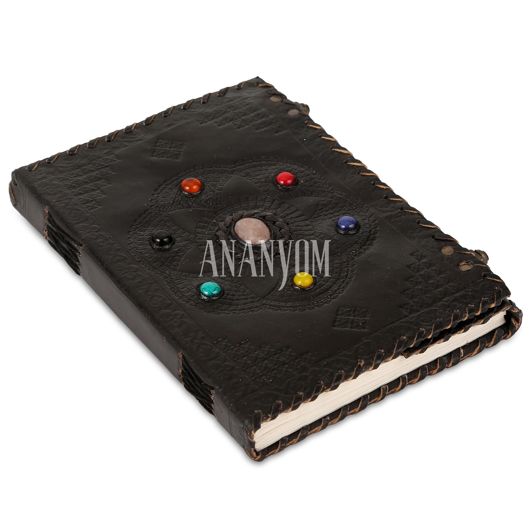 ANANYOM Handmade Leather Journal Black 10x7inch – 7 Chakra Hand Embossed Notebook | Genuine Leather Diary & Sketchbook with Double Brass Clasp | Journal for Men & Women
