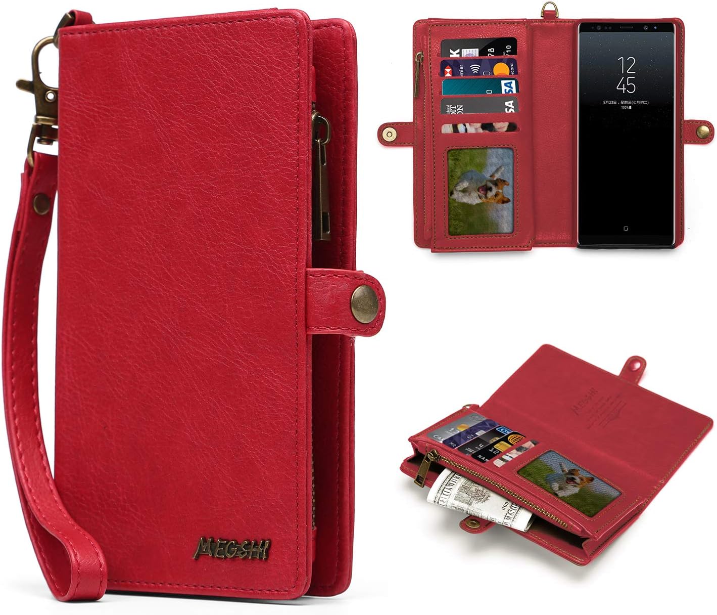 MEGSHI Multifunctional Wallet for Galaxy Note 9, Zipper Wallet Case for Galaxy Note9, Handbag with Detachable Magnetic Back Cover, Samsung Note 9 Leather Case with Credit Card Slot (Red)