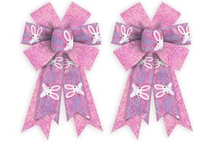 Threetols 2 Pack Easter Wreath Bows, Pink Glitter Bows for Wreath Easter Bunny Decoration Bows for Indoor Outdoor Holiday Spring Easter Party Decor