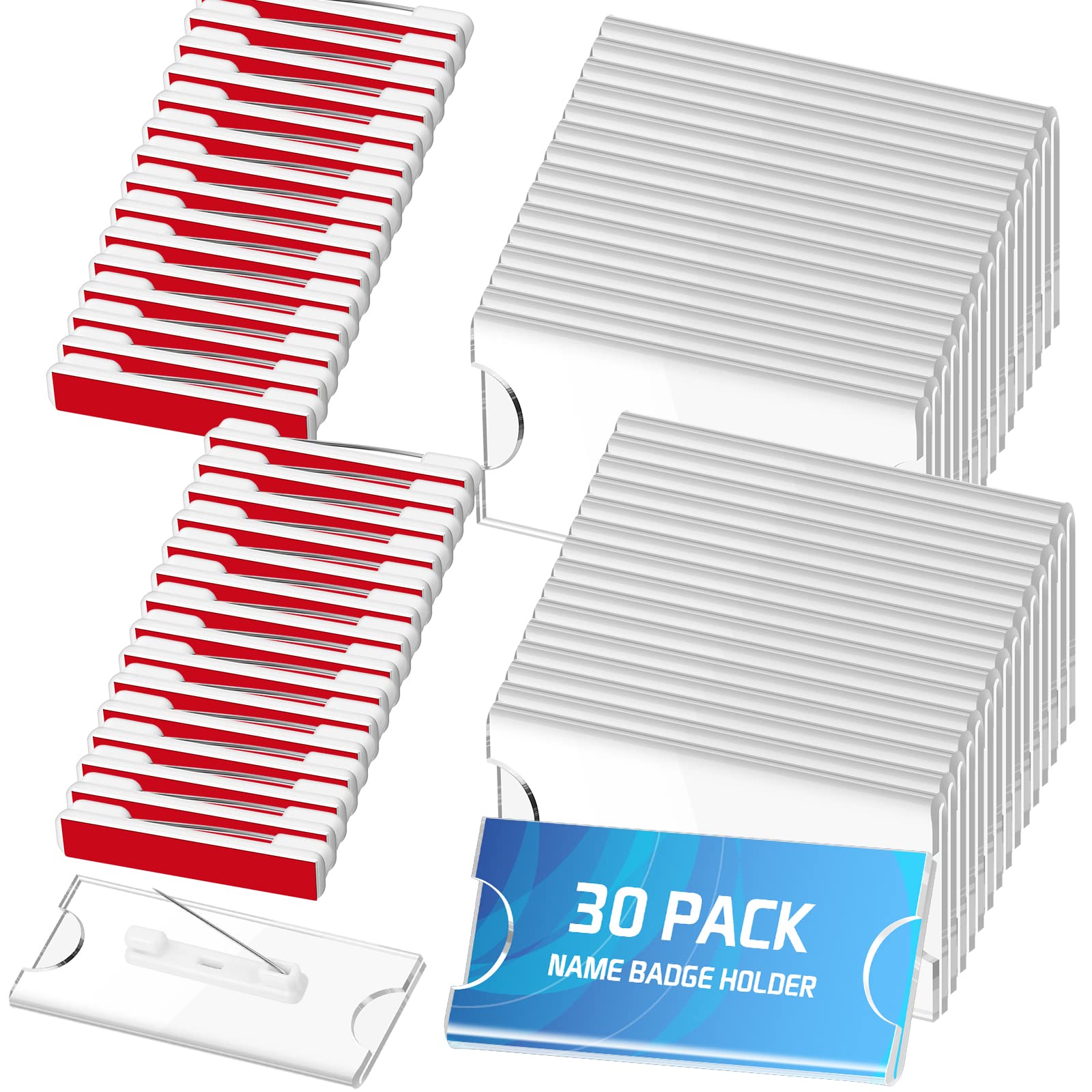 Censen Badges Holder w/ Pins Clothes Clip & Badge Integrated Clear Acrylic Sign Display Holder DIY Blank ID Holders Printable Name Label Work Clothes Shirt Business (30 Pcs)