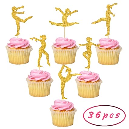 36pcs Gold Glitter Gymnastics Cupcake Toppers Gymnast Girl