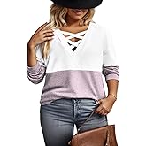 ROSRISS Womens Plus-Size Sweatshirts Casual Color Block Long Sleeve Tops Oversized Trendy Criss Cross V Neck Shirts XL-5XL