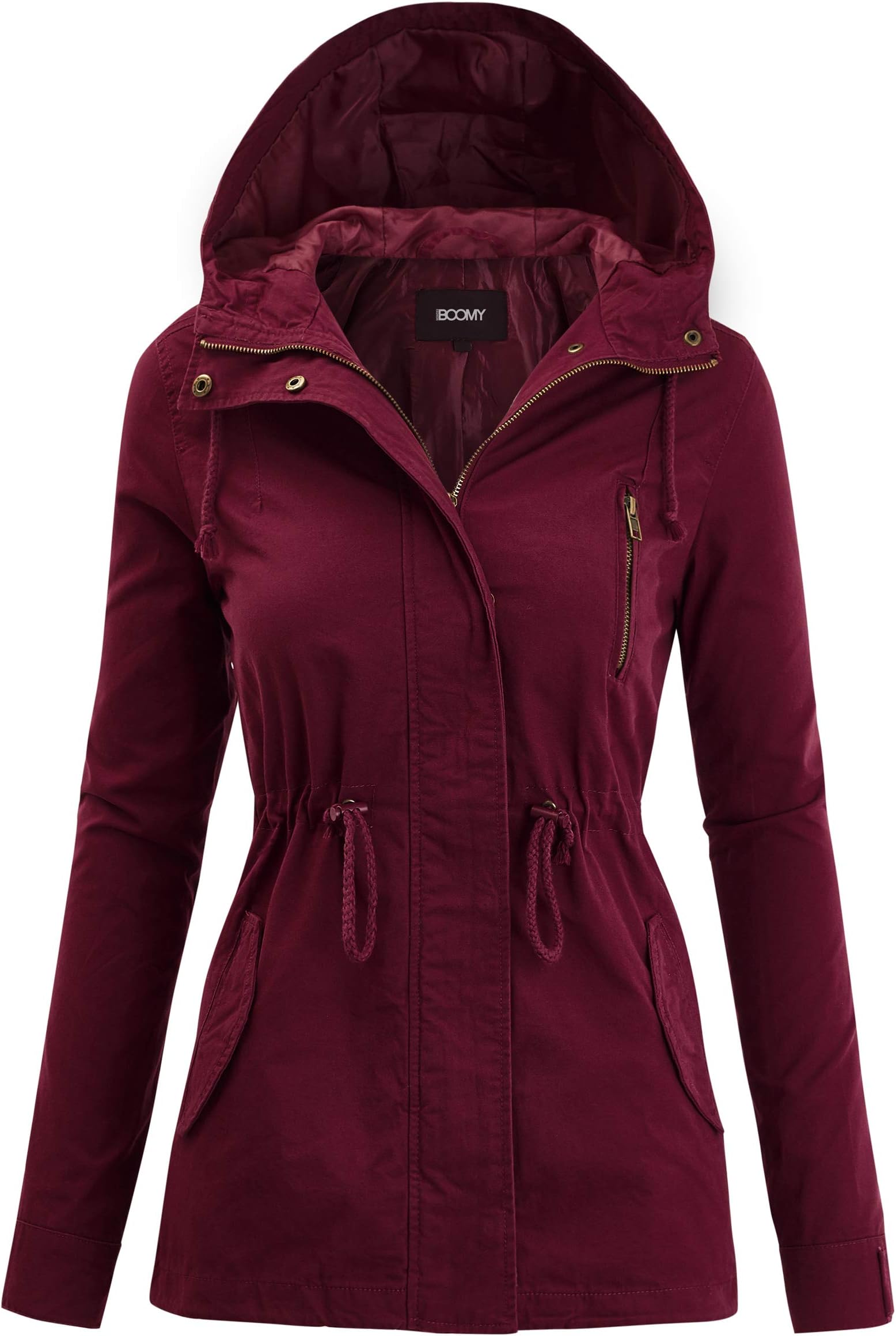 FASHION BOOMY Women's Zip Up Safari Military Anorak Jacket with Hood Drawstring - Regular and Plus Sizes