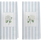 Kemingni White Hydrangea Floral Kitchen Dish Towels, Cottagecore Hydrangea Flower Blue Striped Decorative Hand Towels for Bathroom Kitchen, Blue Bathroom Decor, 16x24 Inch Set of 2