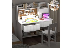 RUPOLX White Wooden Kids Fluted Desk and Chair Set,Kids Study Desk with 3-Color Lights,Kid Study Table with Paper Roll Dispen
