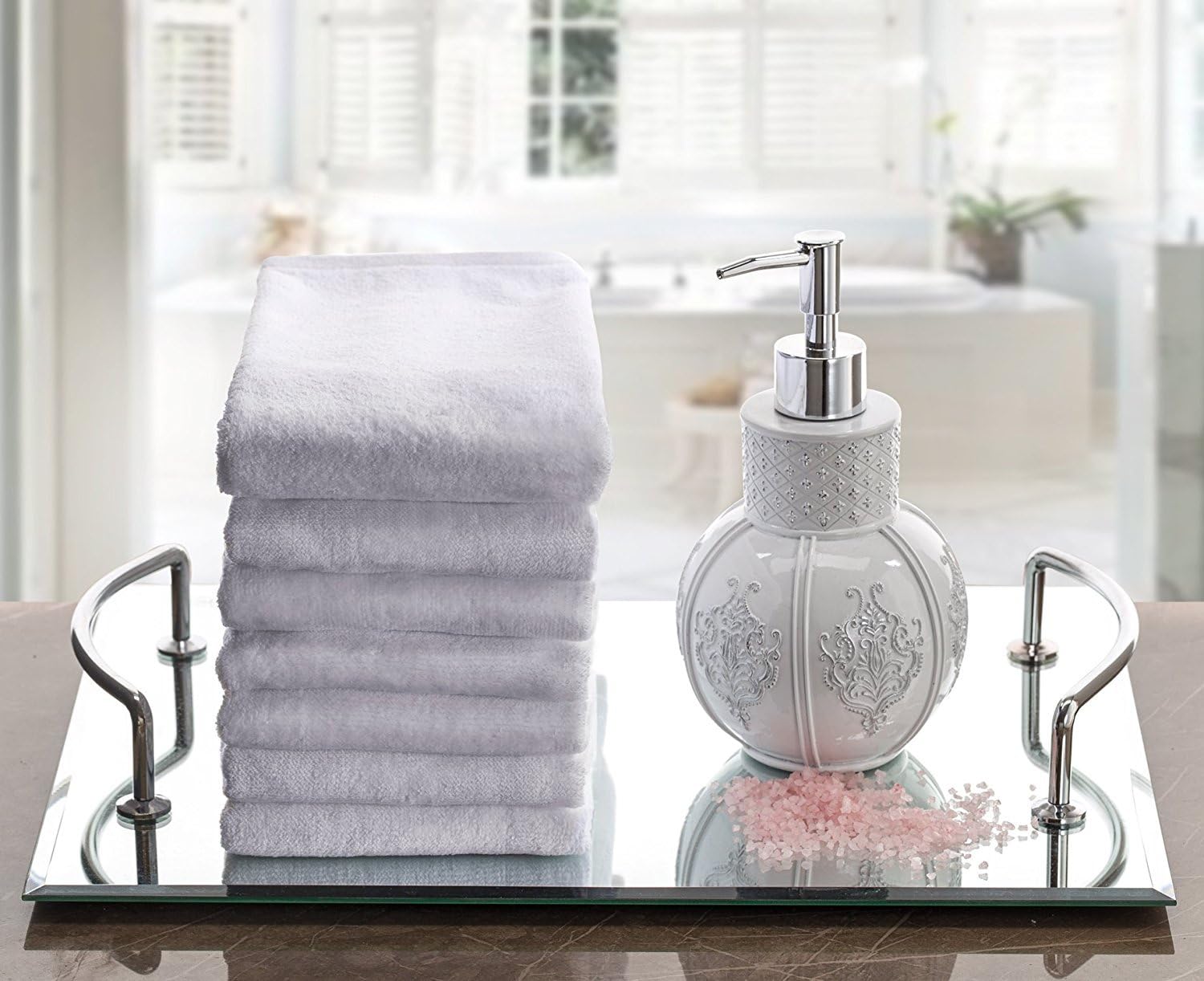 Creative Scents Vintage White Hand Soap Dispenser (4.25” x 4.25” x 7.75”) Countertop Decorative Lotion Pump, Resin Shower Dispensers, for Elegant Bathroom Decor White/Silver: Home & Kitchen