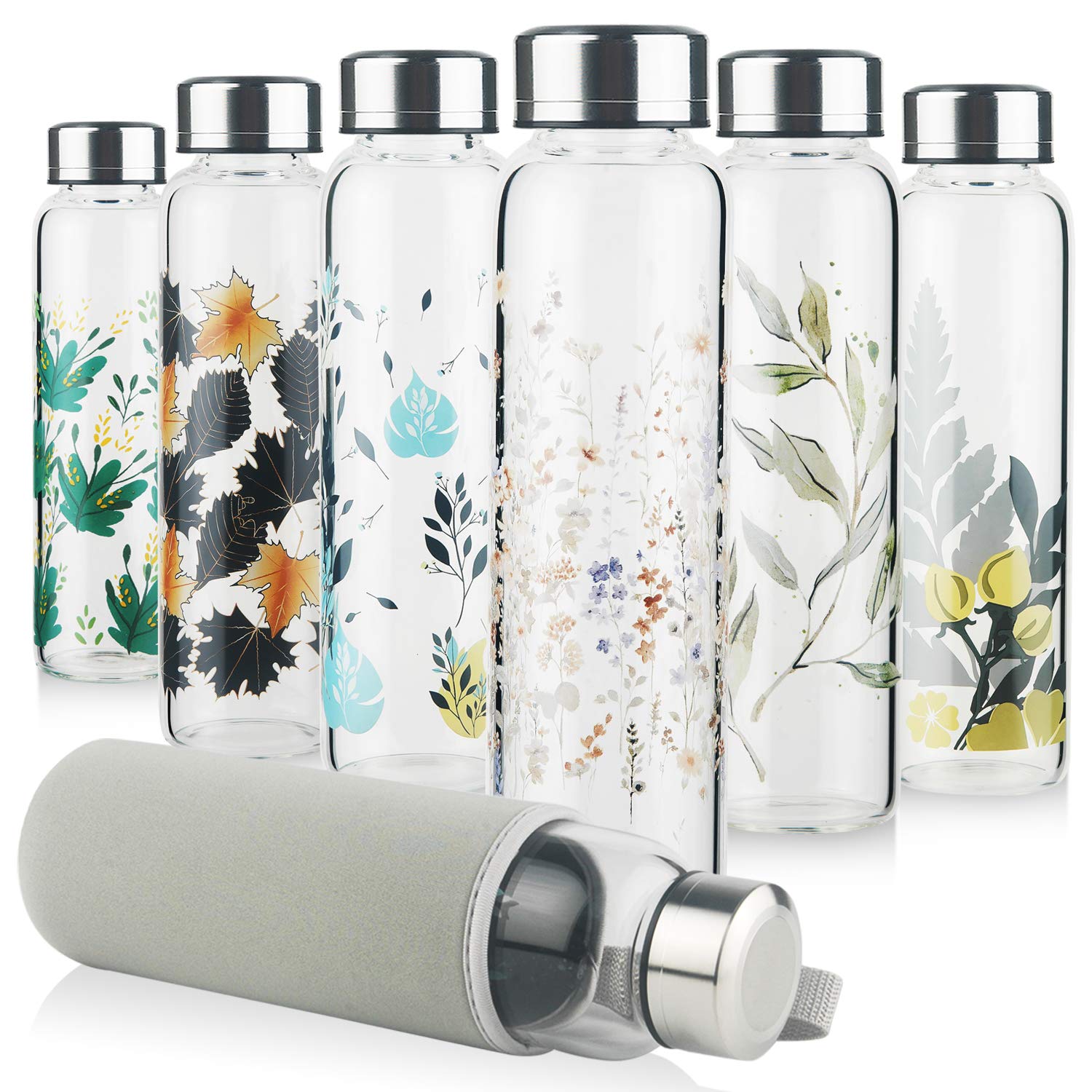 Reeho Borosilicate Glass Water Bottle with Neoprene Sleeve and Leakproof Stainless Steel Lid 500 ml / 1000 ml / 1 Litre