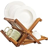 Utoplike 3 Tier Collapsible Teak Wood Dish Drying Rack, Foldable Large Capacity Dish Draine, Space-Saving Countertop Kitchen Organizer for Plates, Cups