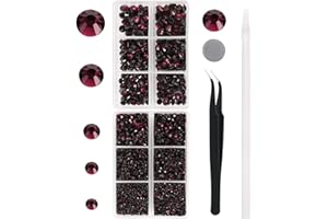 MEIBITE 6616PCS Maroon Hotfix Rhinestones Crystal Glass Gemstones for Shoes Clothes Shirts Glitter Flat Back Round with Tweezers and Picking Pen (SS6~SS30 Set)