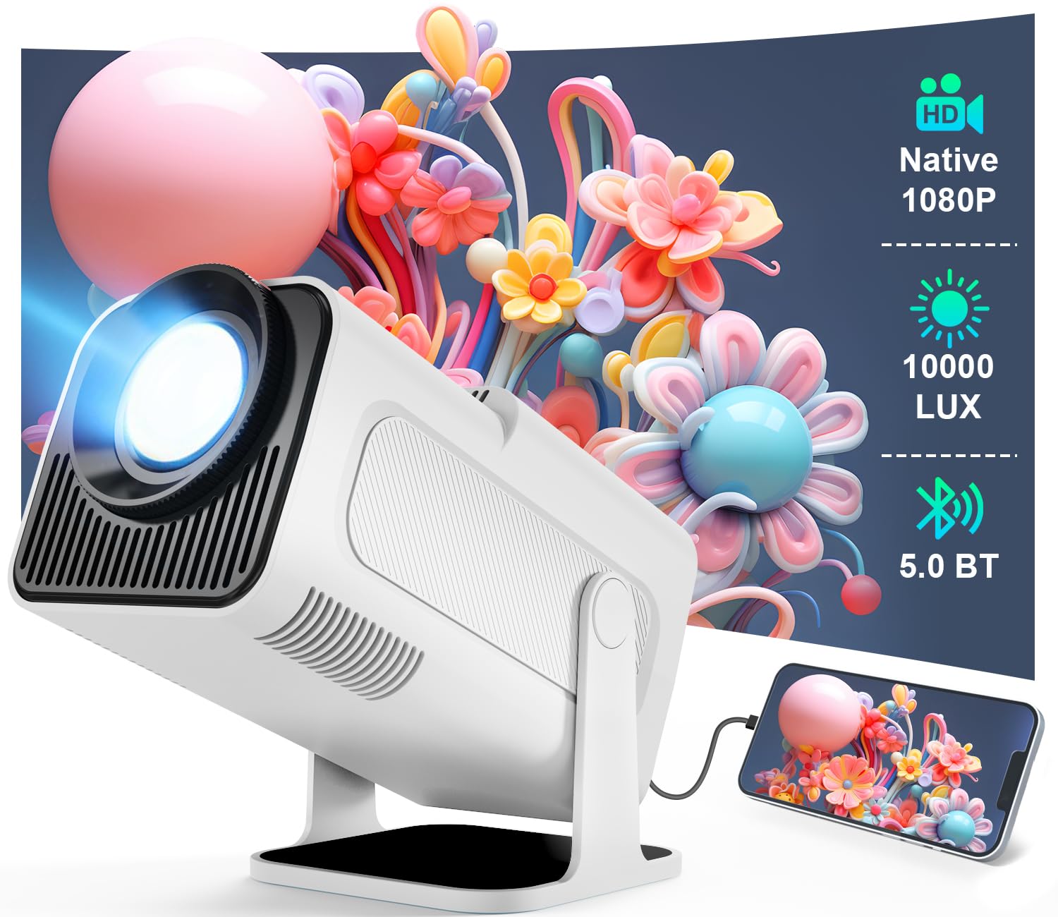 Photo 1 of Mini Projector, Magcubic Native 1080P Wired Bluetooth Projector, Auto Keystone Portable Video Projector, Home Movie Projector, 180 Degree Flip, Synchronize Smartphone by USB for Entertainment (White)
