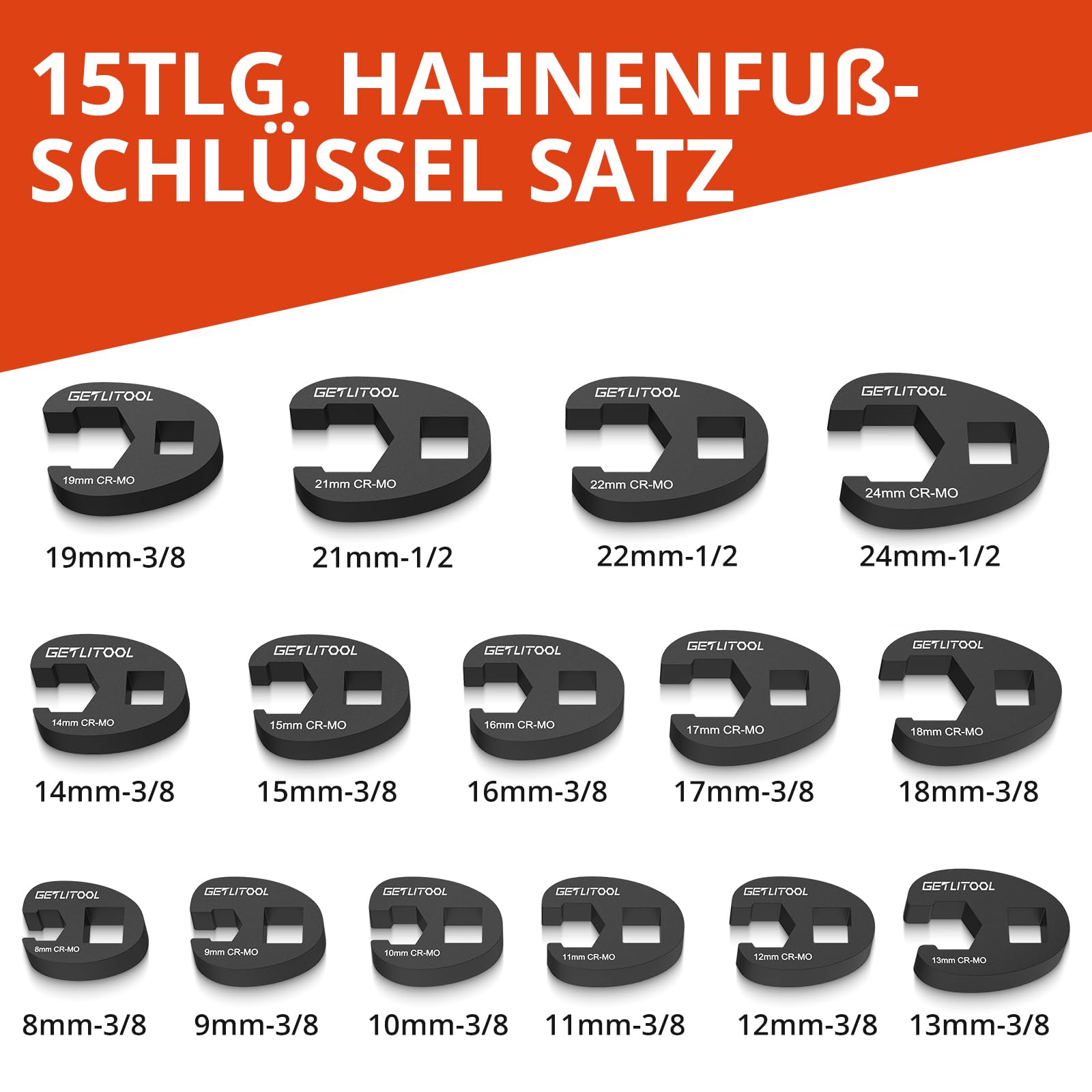 GETLITOOL 15tlg.Hahnenfußschlüssel Satz Metrisch 8-24mm, Drehmoment Gabelschlüssel Cr-Mo-Stahl 1/2"&3/8" Antrieb Maulschlüssel Schwarz, Crowfoot Flare Nut Wrench Set mit Tragbare Aufbewahrungsbox 2