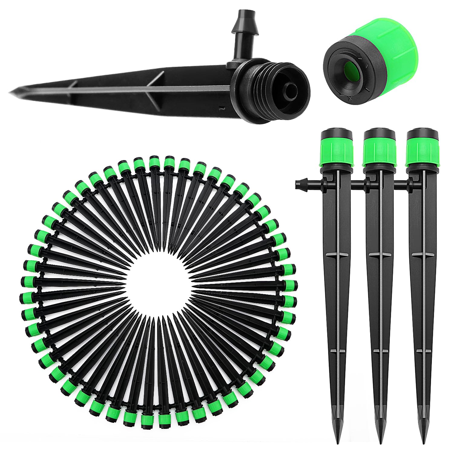 VooGenzek 50 PCS 360 Degree Adjustable Irrigation Dripper Sprinkler, Micro Stake Emitter Dripper with Barbed Connector for 4/7 mm Garden Hose Irrigation System, Water Flow Stake Emitter, Green