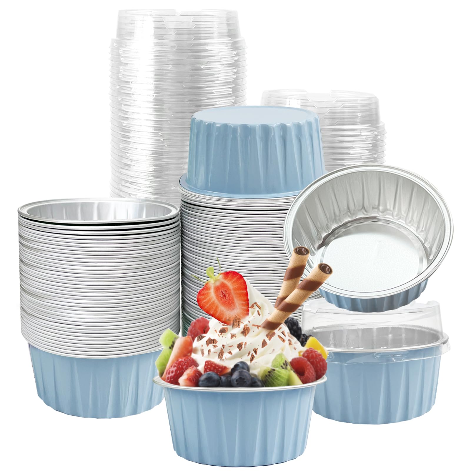 Photo 1 of 100Pcs Aluminum Cups with Lids,5oz Disposable Ramekin Baking Cups Muffin Liners Mini Pie Pans Foil Cupcake Containers for Christmas Party Wedding Party,Sky Blue