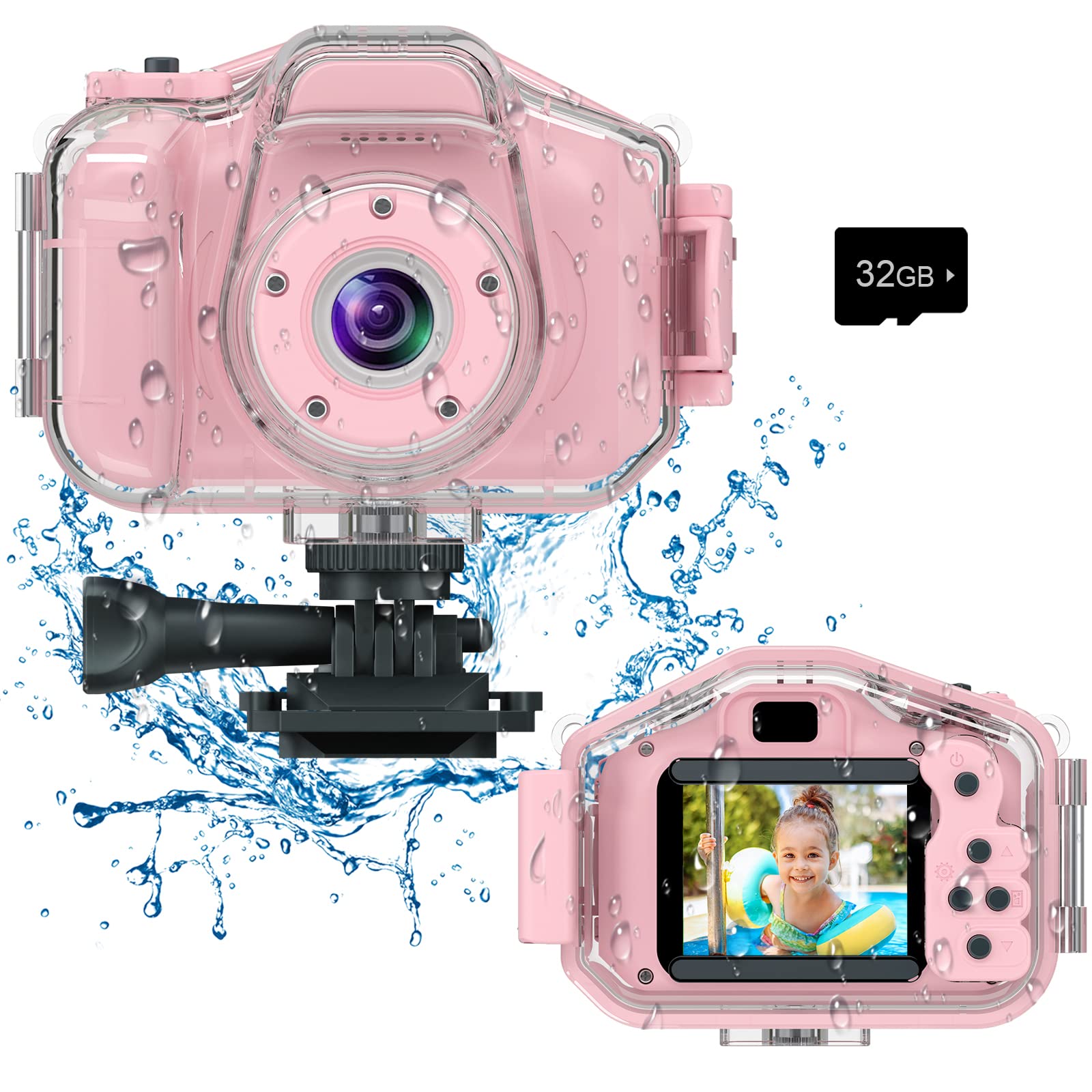 Kids Waterproof Camera, Christmas Birthday Gifts for Boys Girls Age 3-9, Children HD Digital Video Cameras, Portable Toy Child Underwater Camera 2 Inch Screen with 32GB Card (Pink)