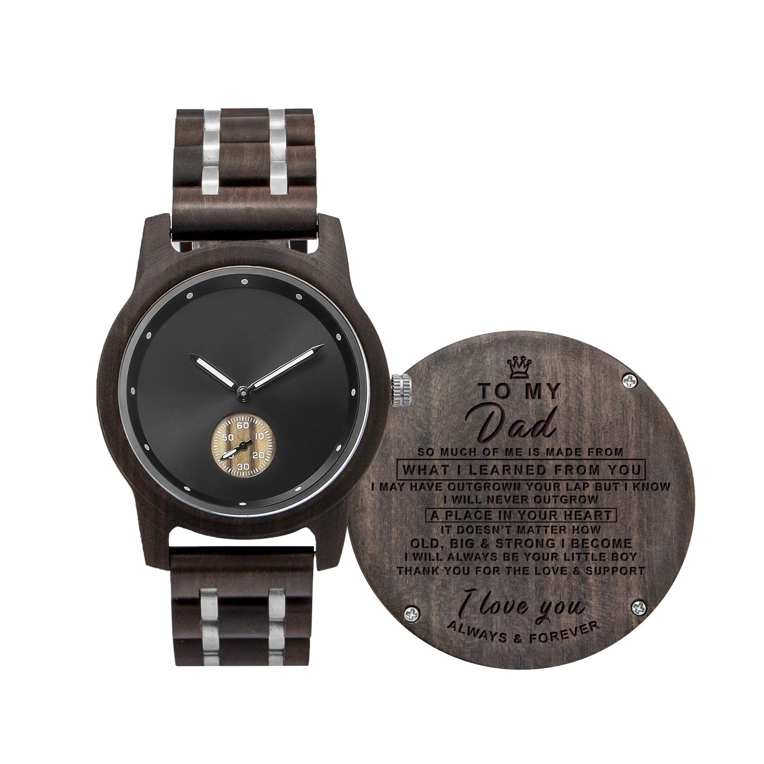 Kenon Customizd Natural Wooden Watch for Men,Personalized Wooden Watches with Wood Strap,Chronograph Dispaly Quartz Watch with Box Best Gift for Family and Friend (Black-for Dad)