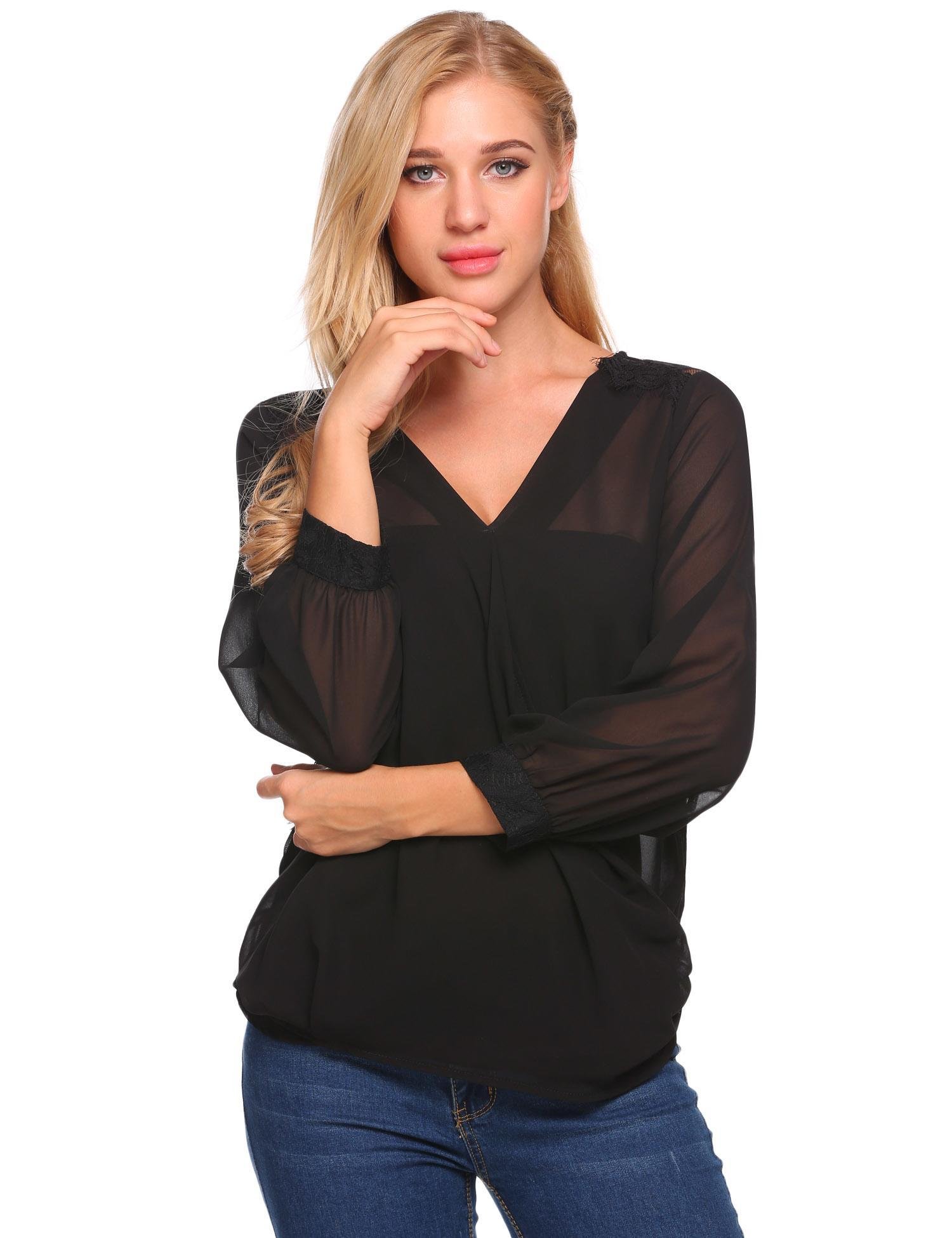 zeagoo Women\'s Long Sleeve Wrap Shirt Sexy Sheer V Neck Lace Chiffon Blouse Top Black Medium