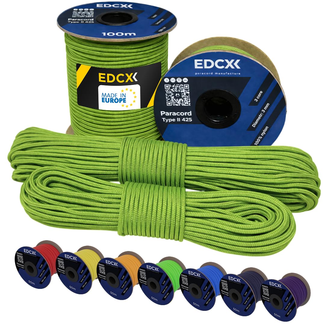 EdcX 3 mm Nylon Paracord 425 (15, 30, 50 and 100m) – 3 mm Type II, 100% Nylon Rope, 3 Strand Rope, 3 mm Nylon Rope in Many Colors (Green Golf, 15 m)