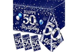 GREHUMOR 3Pcs 50th Birthday Tablecloth Decorations Sliver and Blue Table Cover Plastic 50th Happy Birthday Party Supplies for Men Women Disposable Waterproof Birthday Table Decorations…