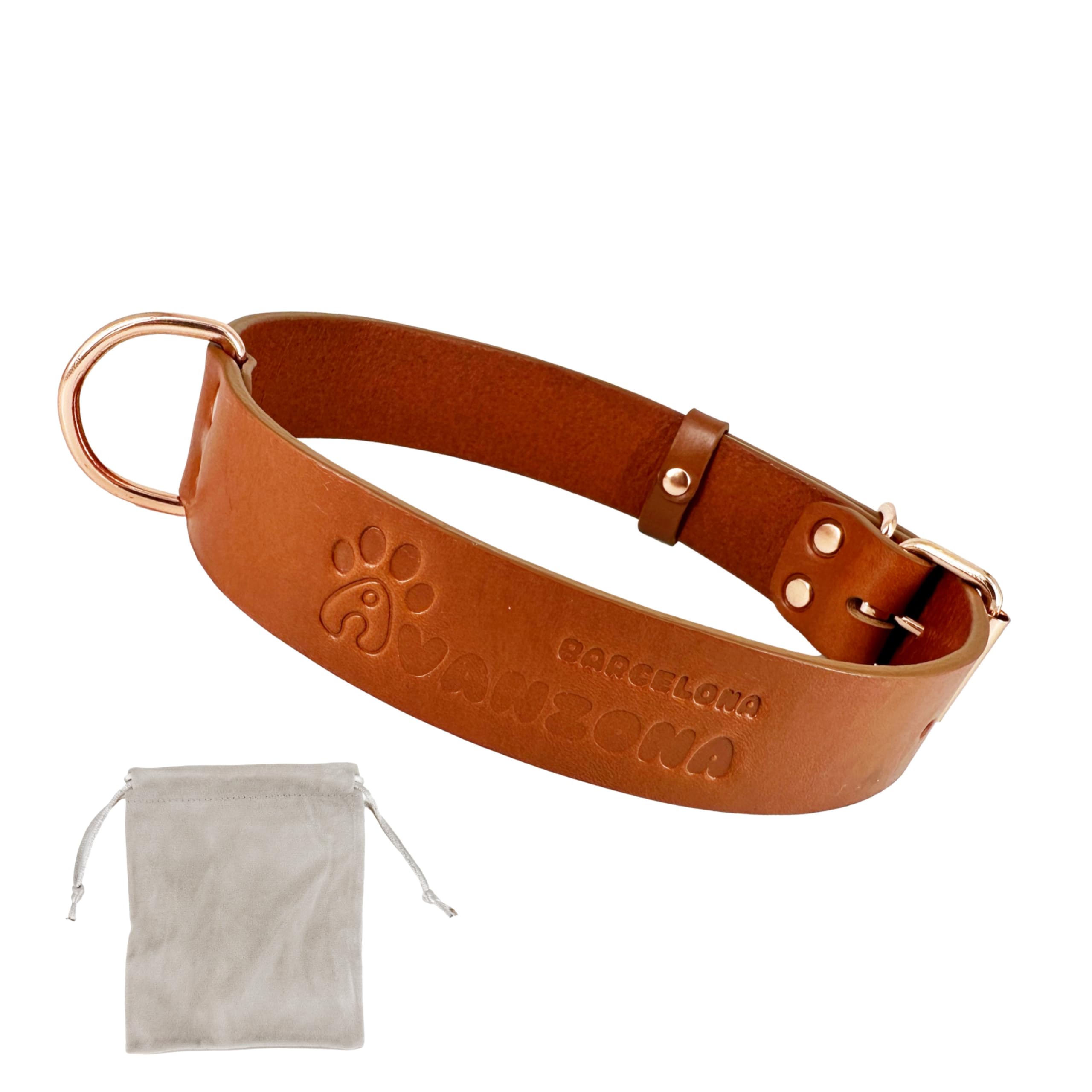 Dog Collar Leather, Quality Soft Leather, Handmade in Spain, Small Medium Large Dog. Cognac and Rose Gold.