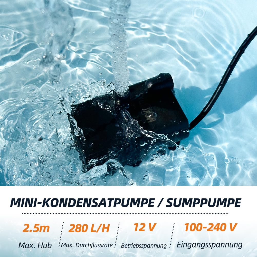Automatische kleine Tauchpumpe mit Wassersensor, 2,5m 280L/h Mini-Kondensatpumpe, Wasserablauf für Entfeuchter, Klimaanlage, Eismaschine, Keller, Bautrockner, automatisches Ein Aus 4