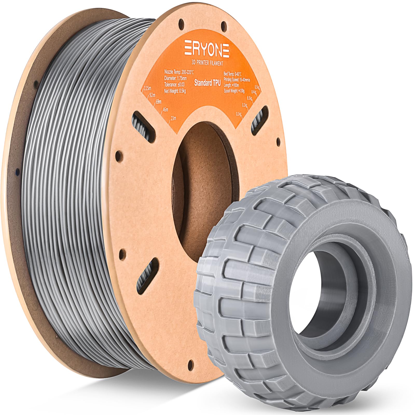 ERYONE TPU Filament 1.75mm, 3D Drucker Filament TPU 0.5kg 1 Spool, -0.05mm, 95A, Gray