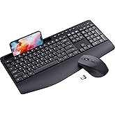 Ergonomic Wireless Keyboard and Mouse Combination, LIZRROT 2.4GHz Quiet Full Length Mouse and Keyboard, Wrist Stand, Phone Holder, Compatible with Windows, PC, Laptops